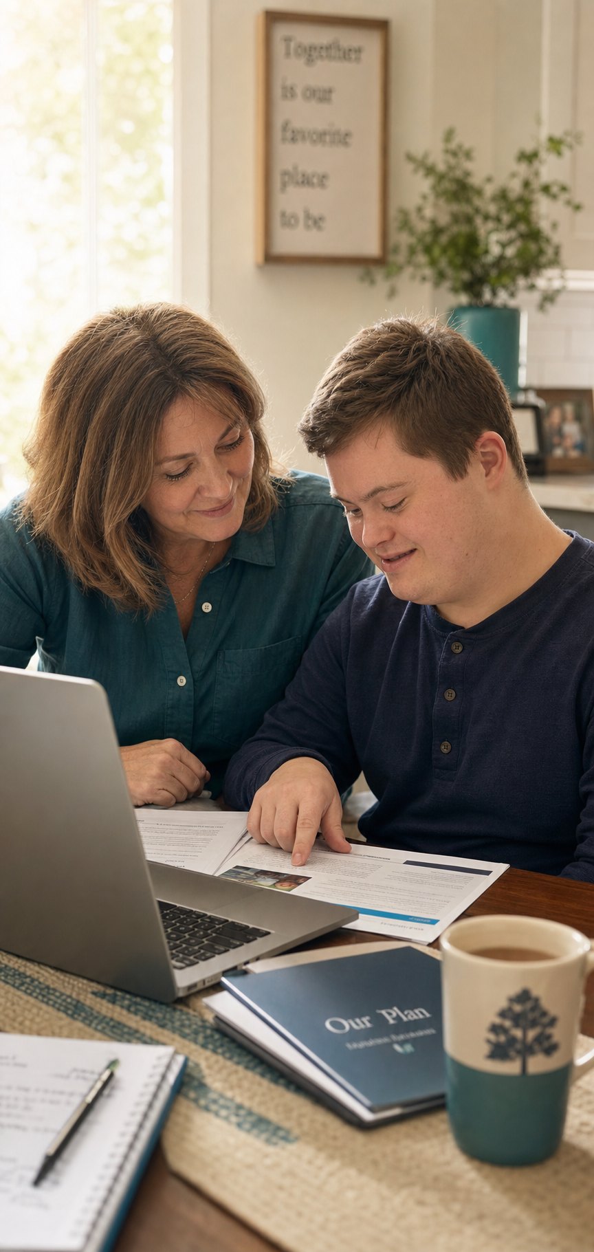 A parent and adult child reviewing their plan together at home